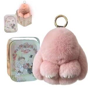 Bunny Lulu keychain with tin, handmade soft and cute rabbit pompom pendant